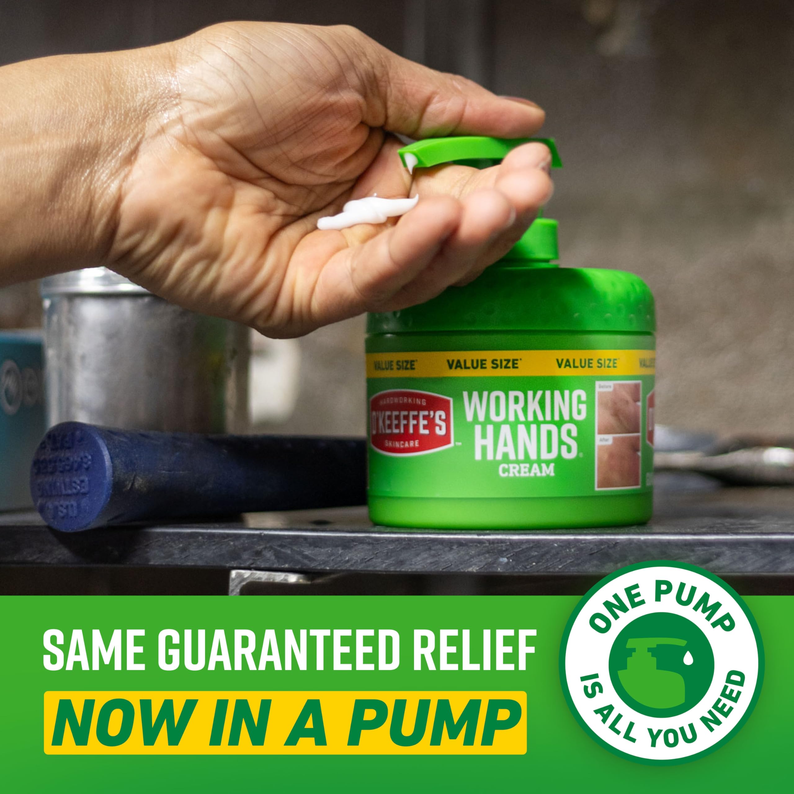 O'Keeffe's pump being pressed into hand showing simple one-pump use
