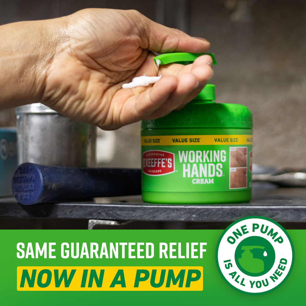 O'Keeffe's pump being pressed into hand showing simple one-pump use