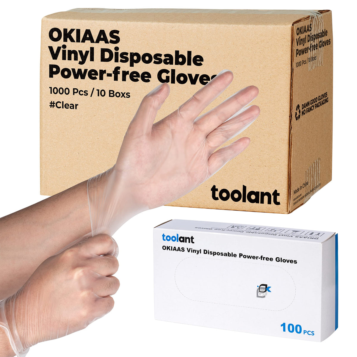 OKIAAS front box packaging showing clear vinyl gloves and product information for quick selection