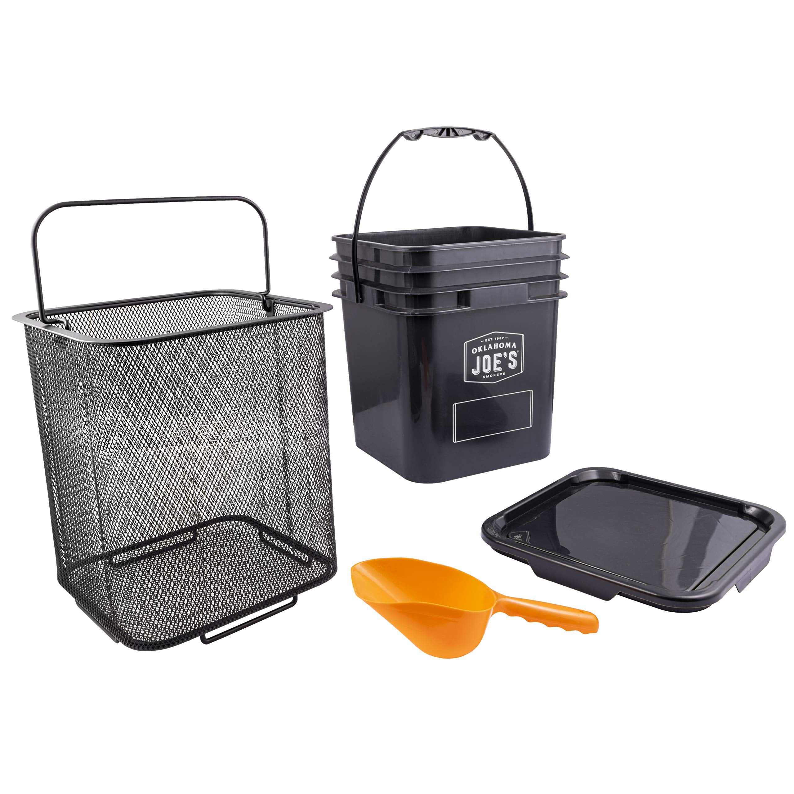 Oklahoma Joe's pellet bucket front view showing sturdy storage and easy access