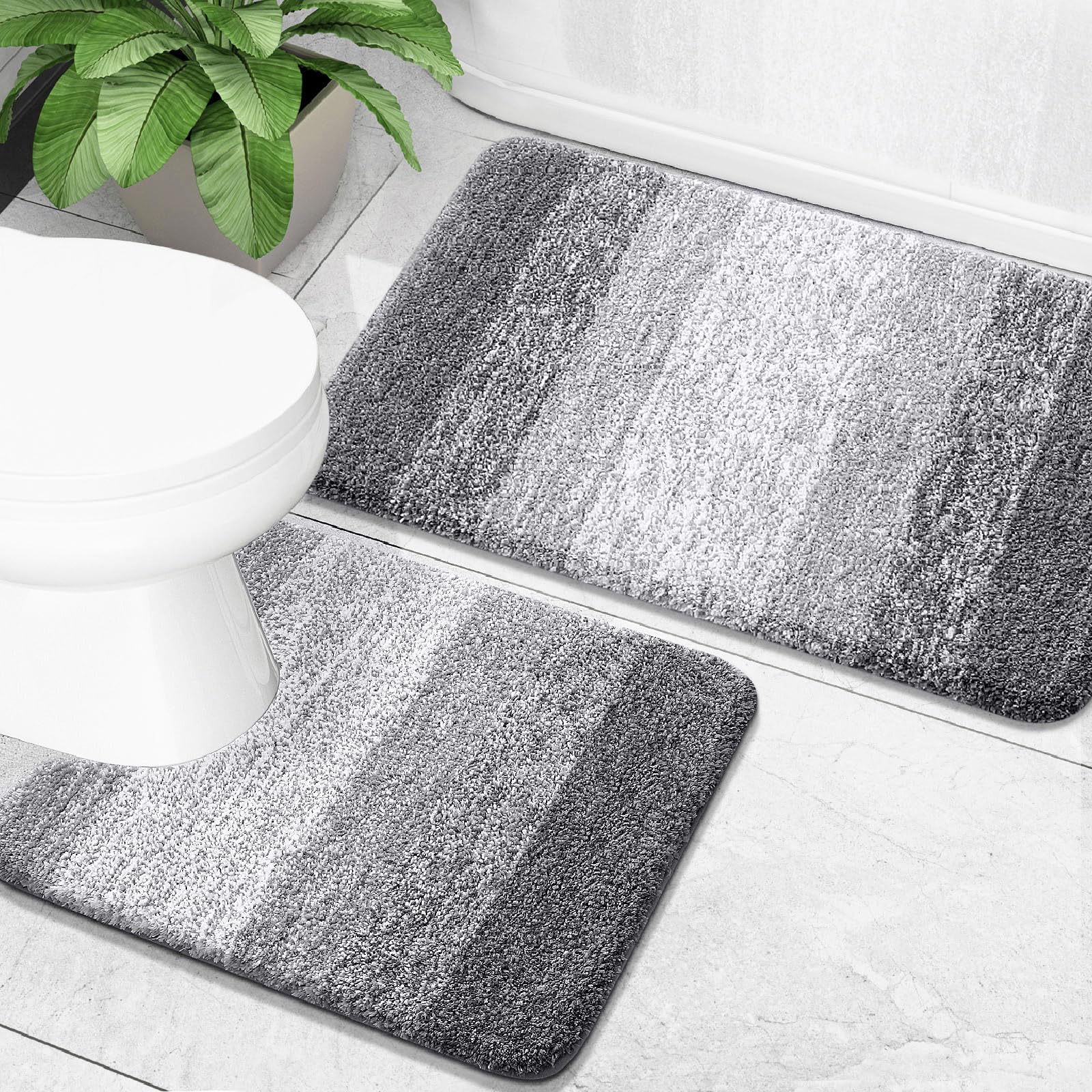 OLANLY front view of grey rug set showing coordinated stripes and soft comfort