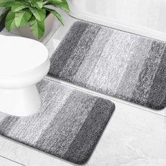 OLANLY front view of grey rug set showing coordinated stripes and soft comfort