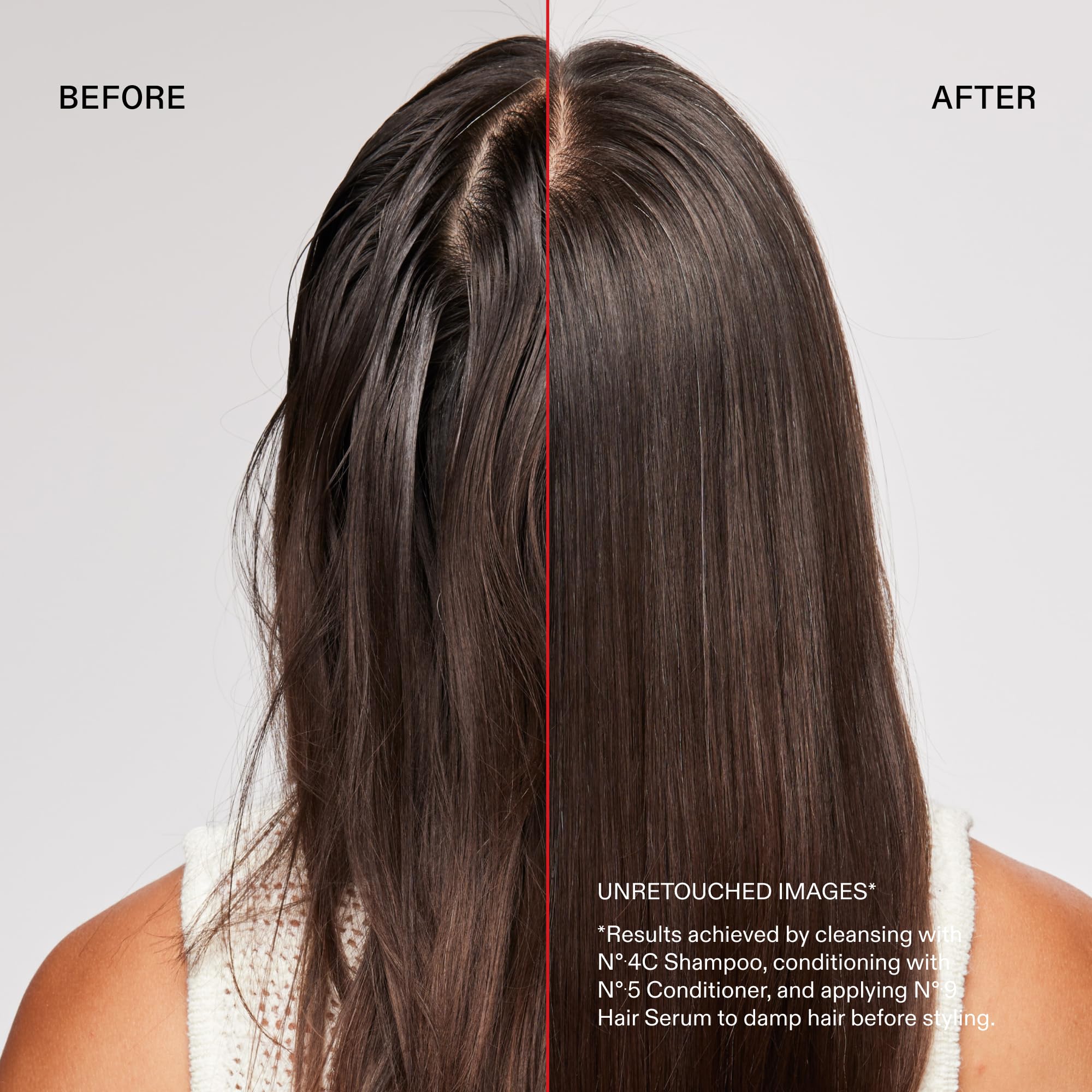 Before and after hair color with Olaplex, showing improved vibrancy and shine
