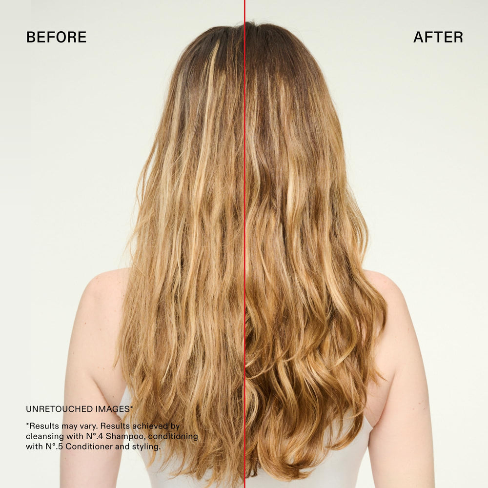 Before and after hair ends using Olaplex N°.5 showing reduced breakage