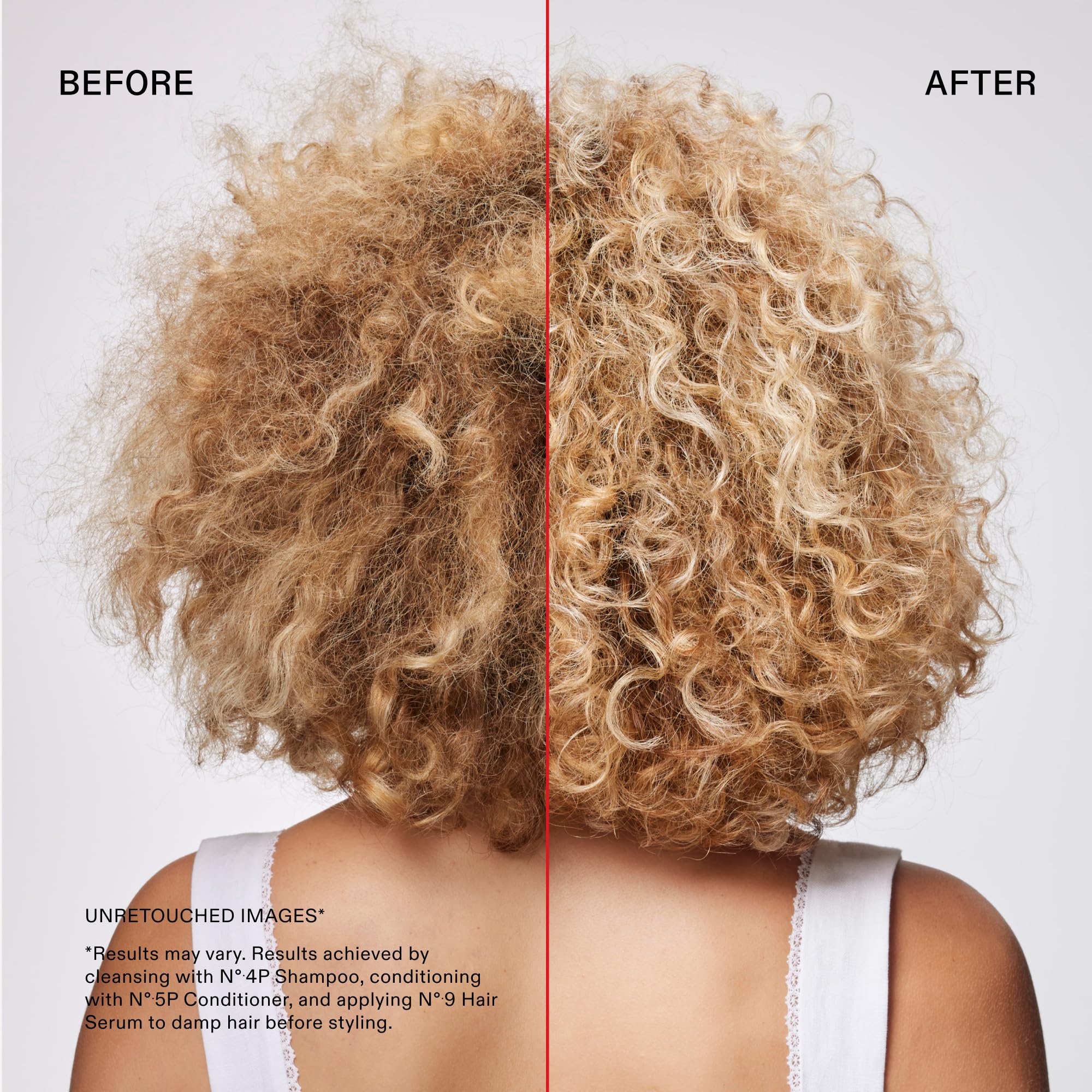 Side-by-side Olaplex Nº.4P before and after toning showing reduced brassiness