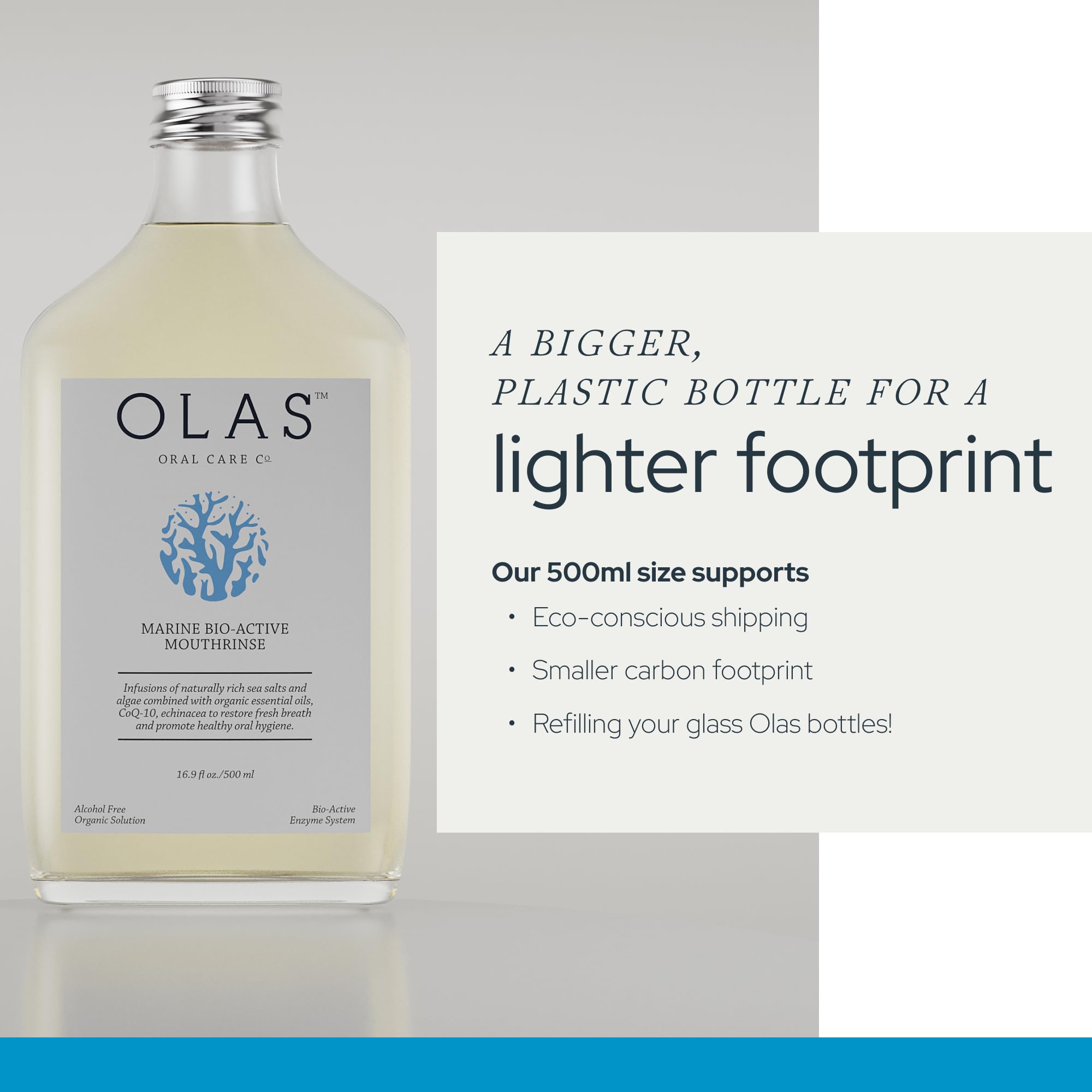 Olas angled bottle highlighting brand and gentle rinse benefit