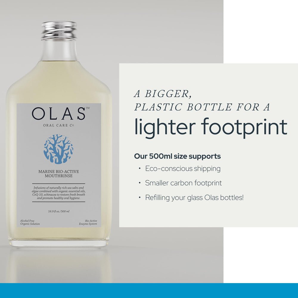 Olas angled bottle highlighting brand and gentle rinse benefit
