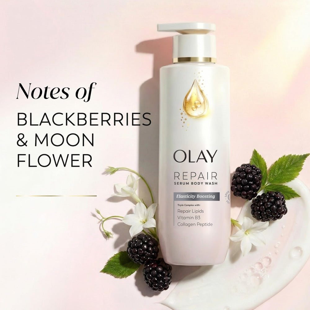 Olay bottle sitting on a bath shelf to suggest daily routine placement benefit