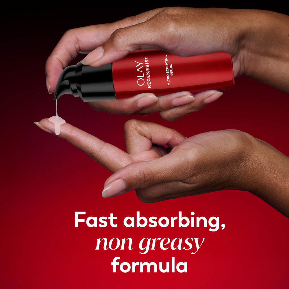 Olay serum texture close-up showing lightweight, fast-absorbing finish