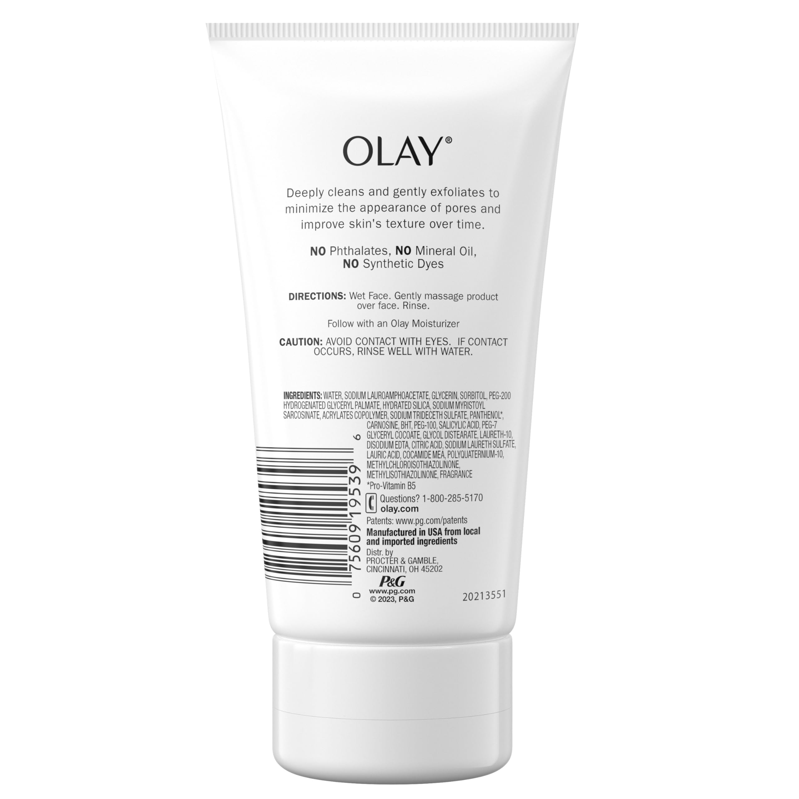 Olay ingredient label closeup emphasizing pro-vitamin B5 clarity benefit