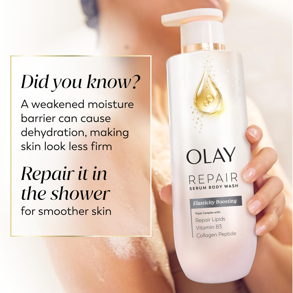 Person using Olay body wash in the shower for nourishing in-shower skincare