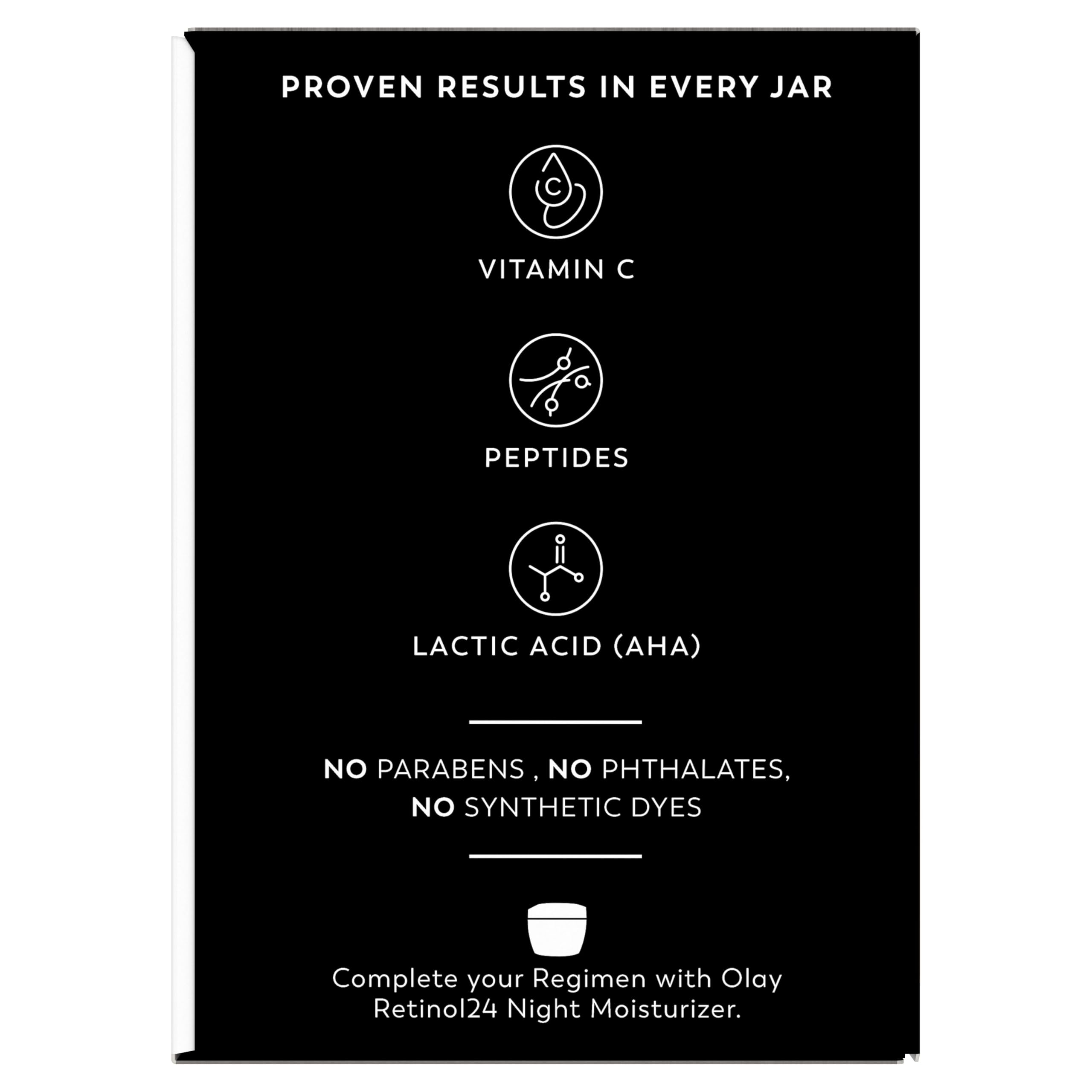 Close-up of ingredient label on Olay jar showing Vitamin C, niacinamide and peptide benefits