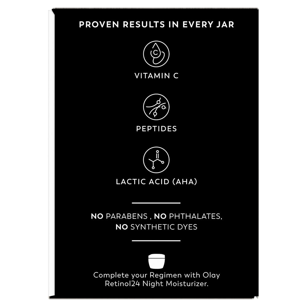 Close-up of ingredient label on Olay jar showing Vitamin C, niacinamide and peptide benefits