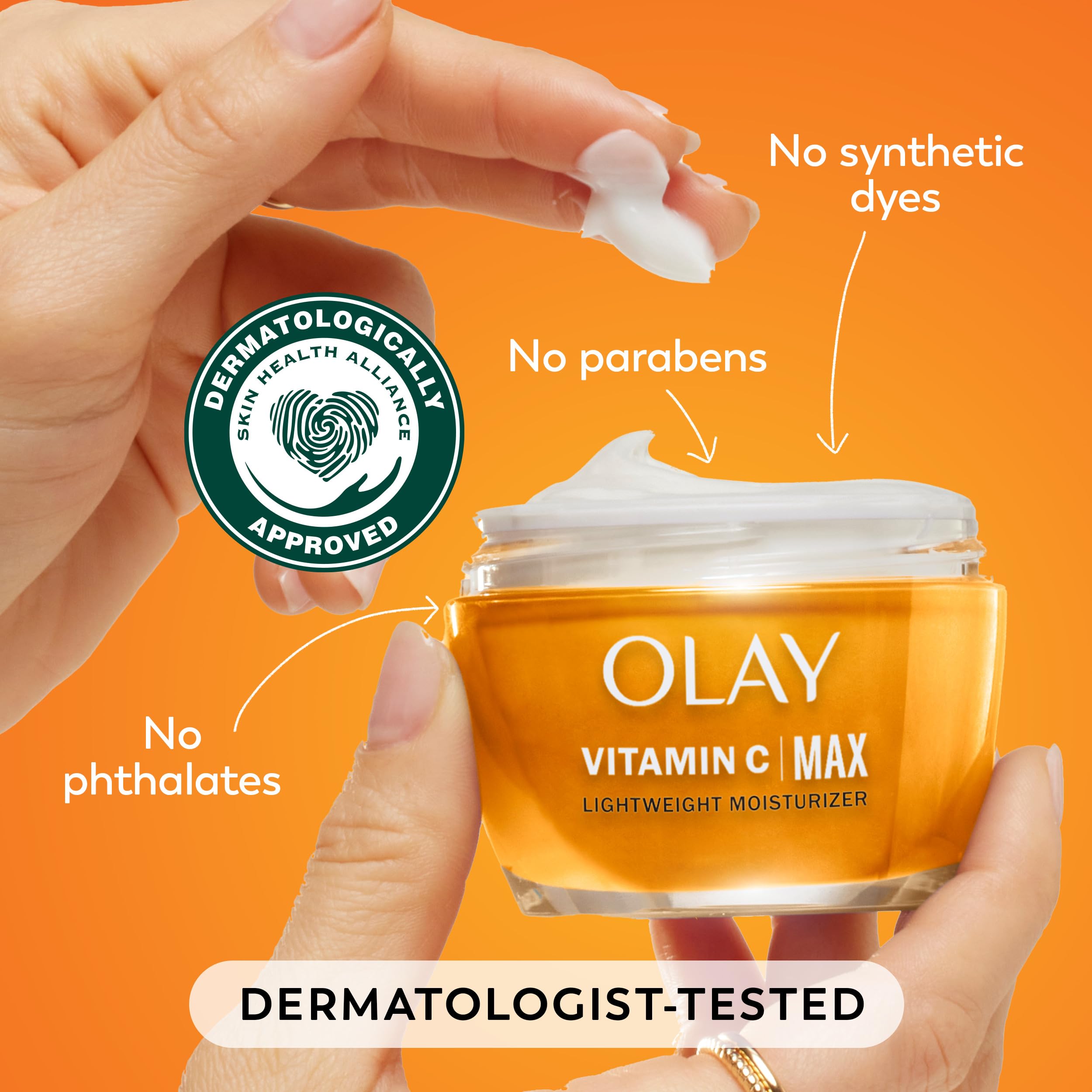 Olay open jar top view highlighting cream color and ingredients for radiance