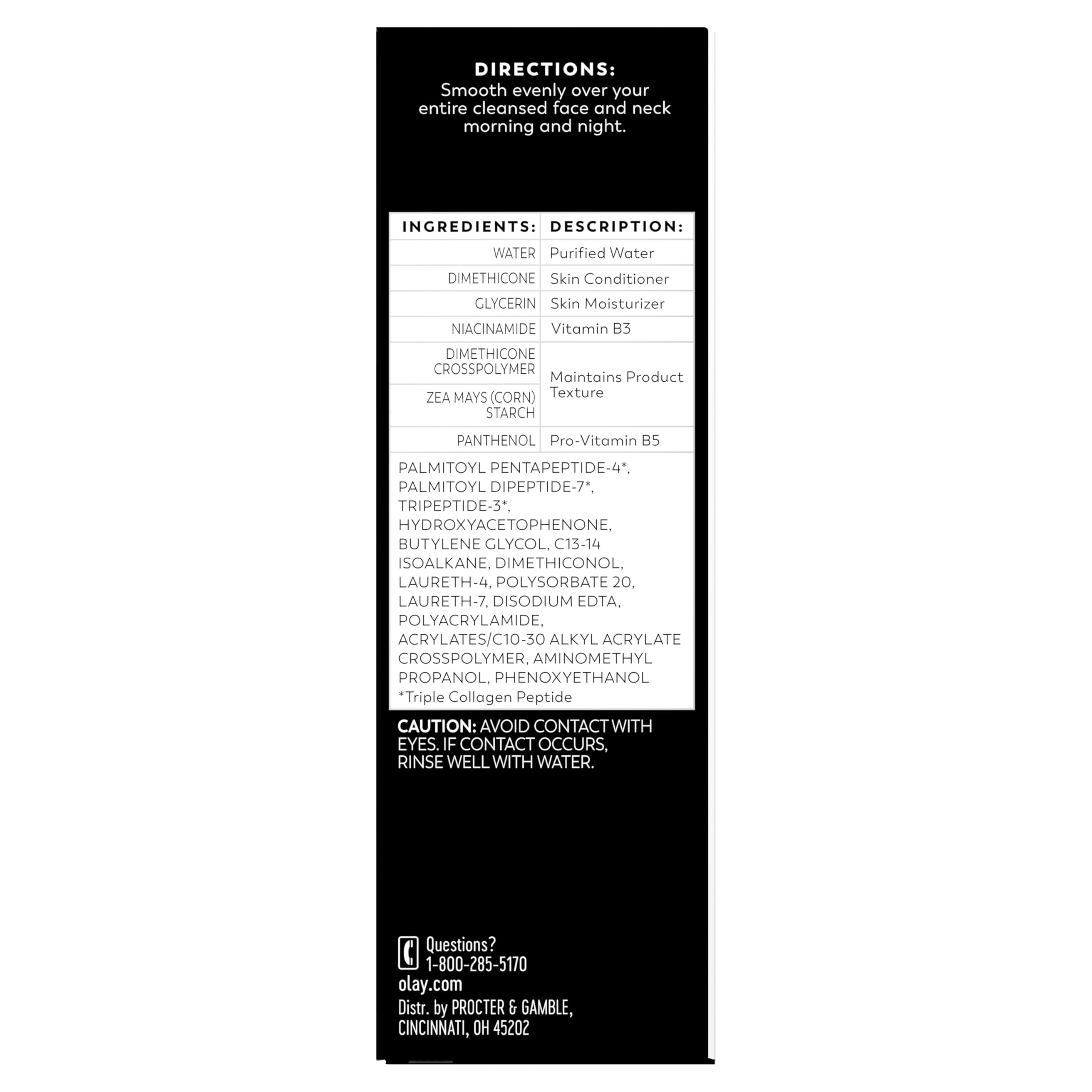 Olay product label with ingredients list emphasizing amino-peptide complex benefits