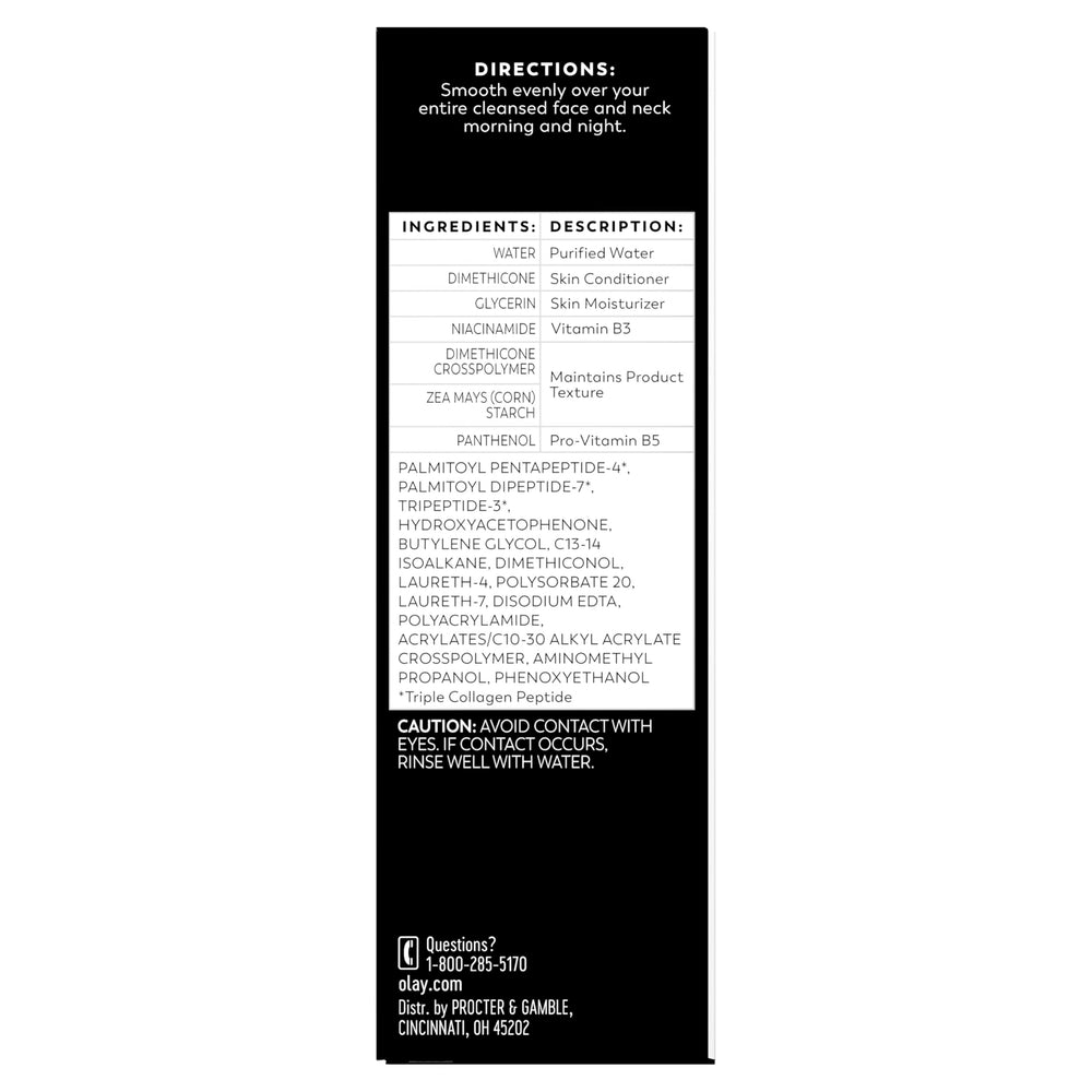 Olay product label with ingredients list emphasizing amino-peptide complex benefits