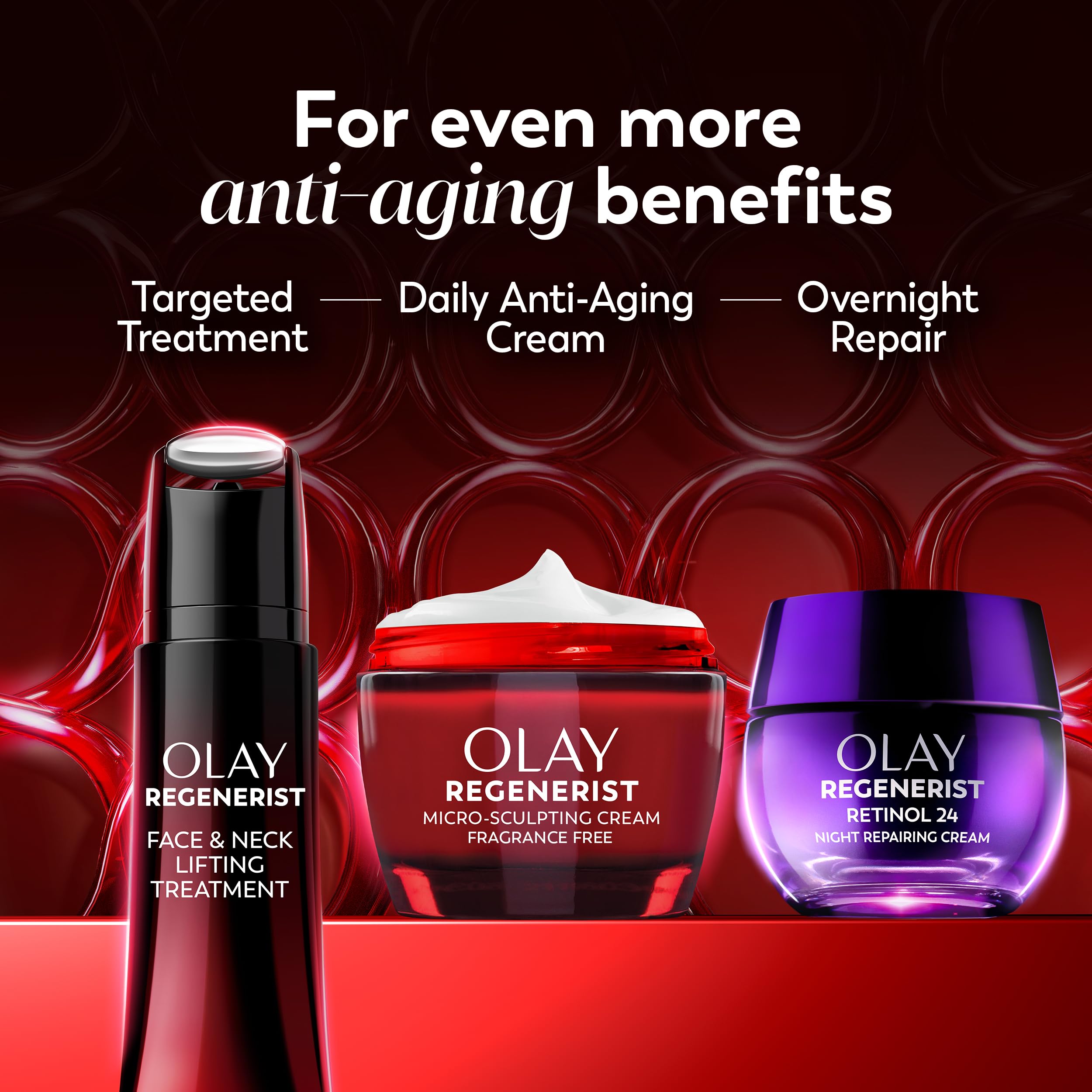 Nighttime bathroom shelf with Olay Regenerist as part of evening skincare for renewal