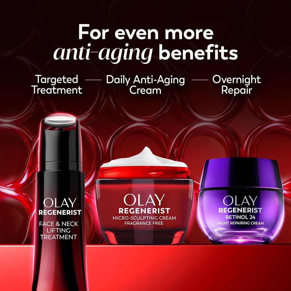 Nighttime bathroom shelf with Olay Regenerist as part of evening skincare for renewal