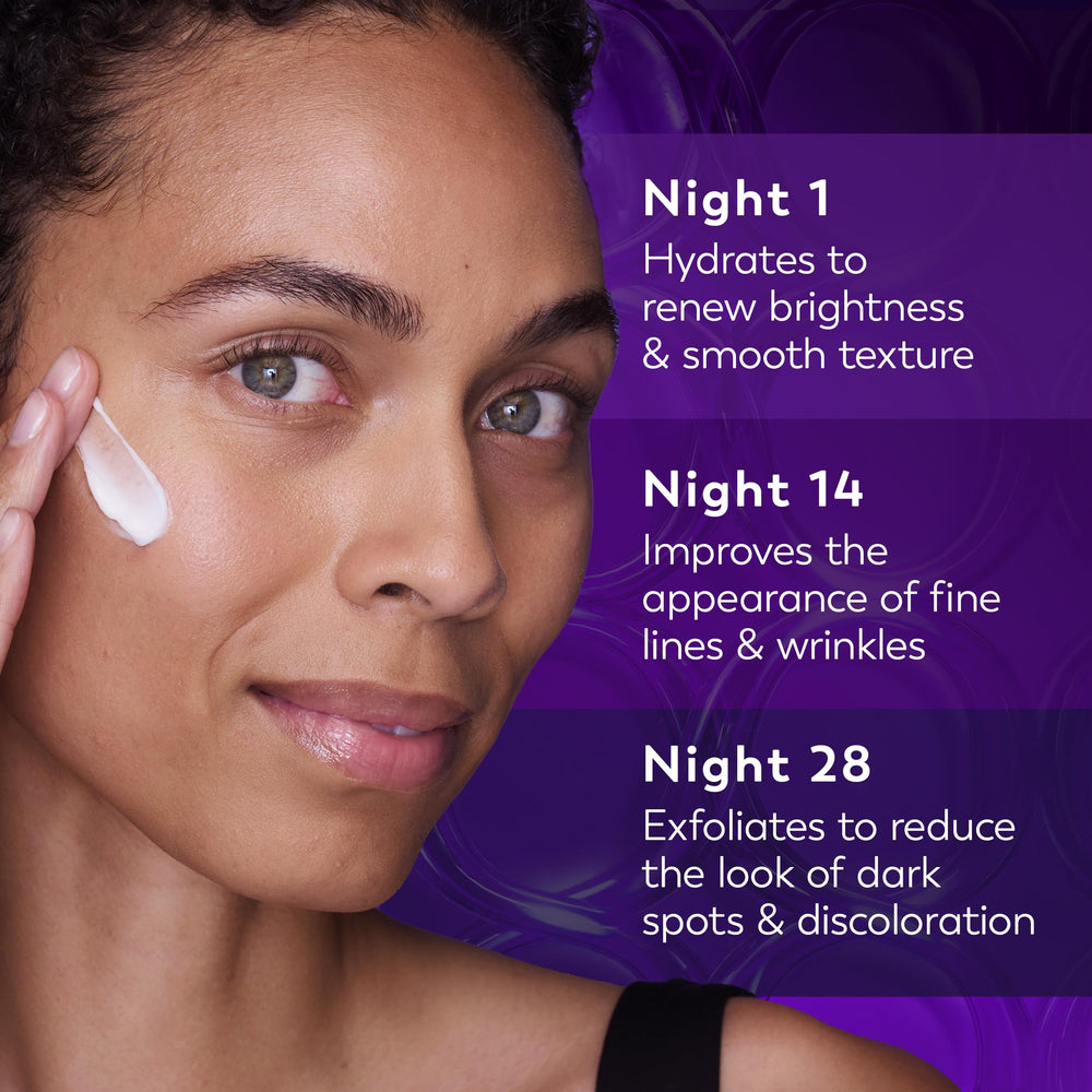 A fingertip spreading Olay retinol night cream on skin, shows moisturizing and smoothing effect