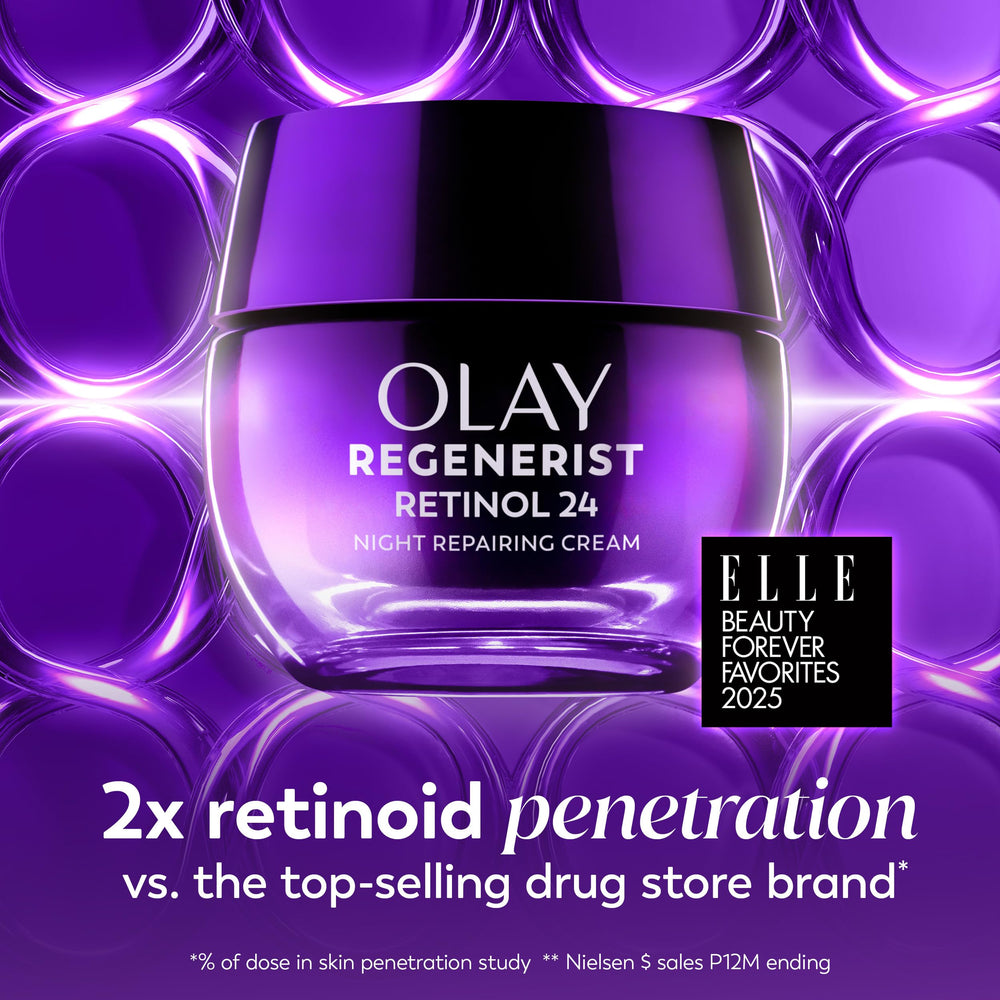 Olay retinol night cream on a bathroom shelf in a lifestyle scene, suggests nightly routine fit