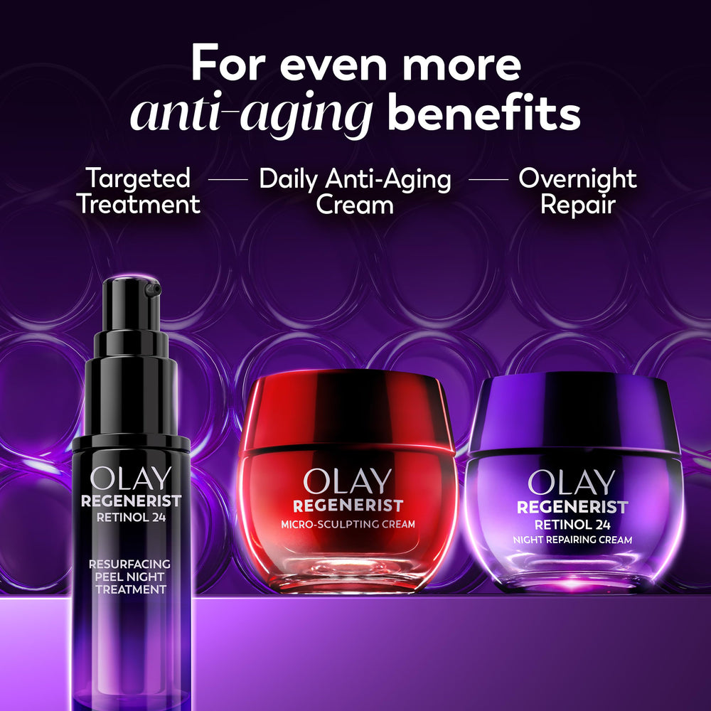 Split illustration before and after skin texture improvement with Olay cream, shows visible smoothing