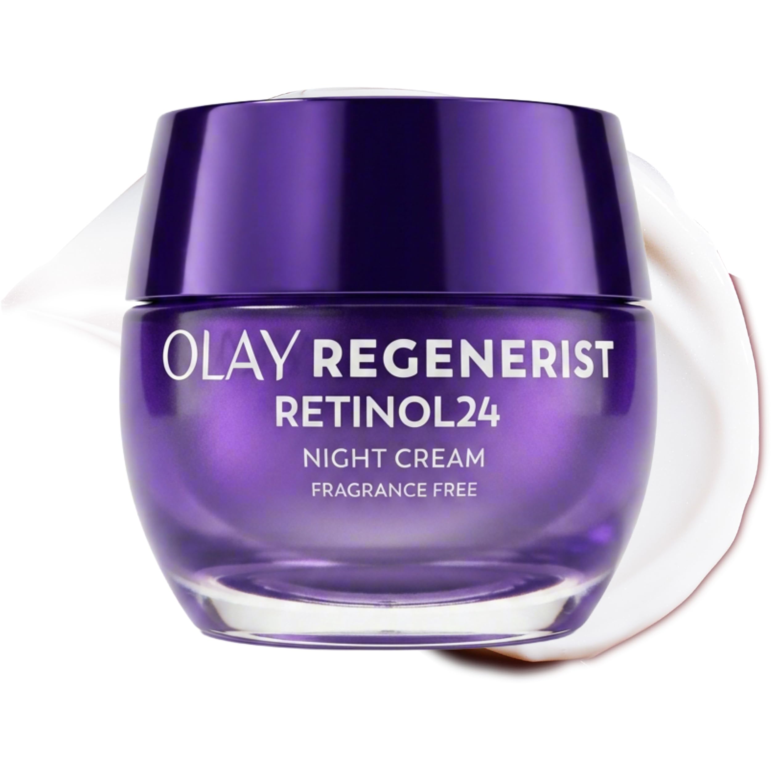 Olay retinol night cream front jar showing the product and brand, highlights hydrating benefits