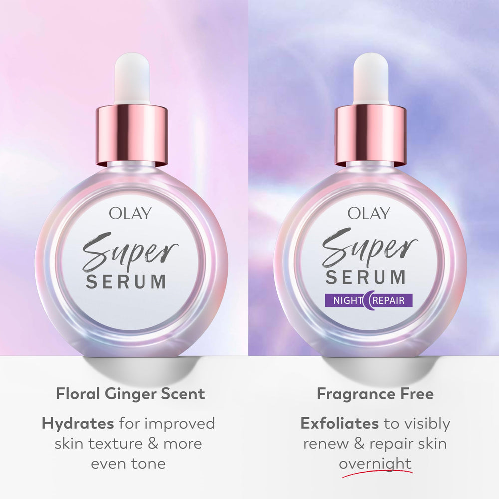 Olay Super Serum Night Repair applied to cheek demonstrating smooth finish