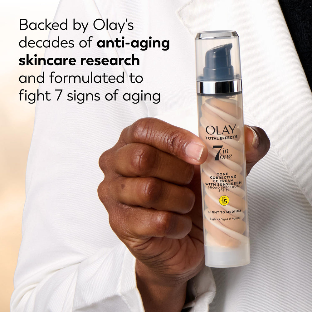 Olay split-face before and after image showing visible evening of skin tone