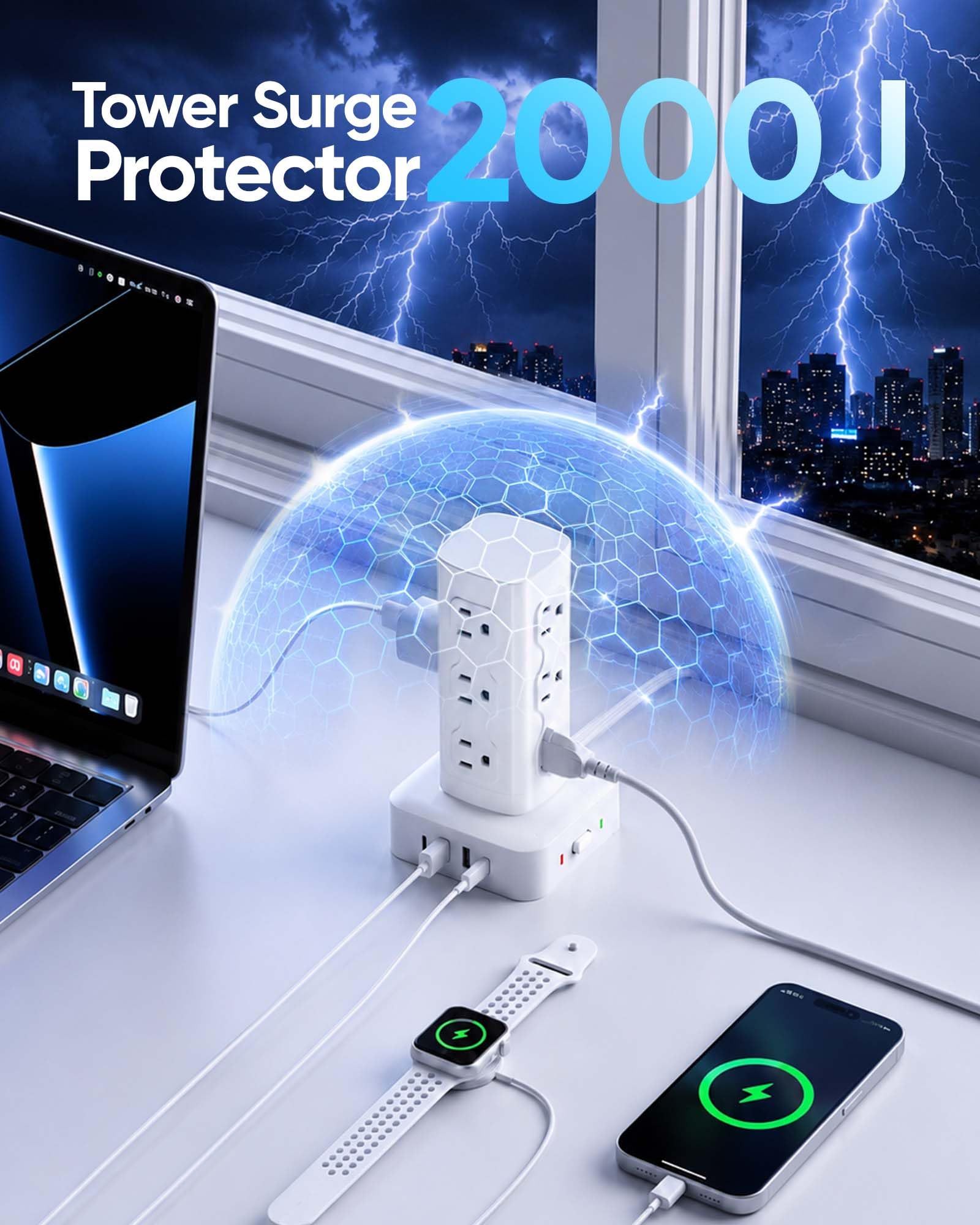 olcorife power tower in use on desk powering laptop lamp and phone benefit
