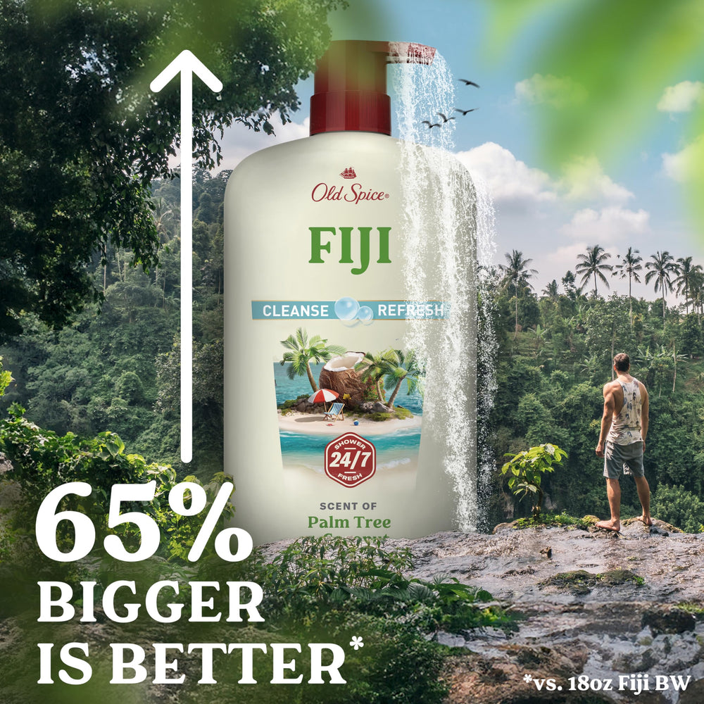 Old Spice Fiji on a bathroom shelf styled for daily grooming convenience