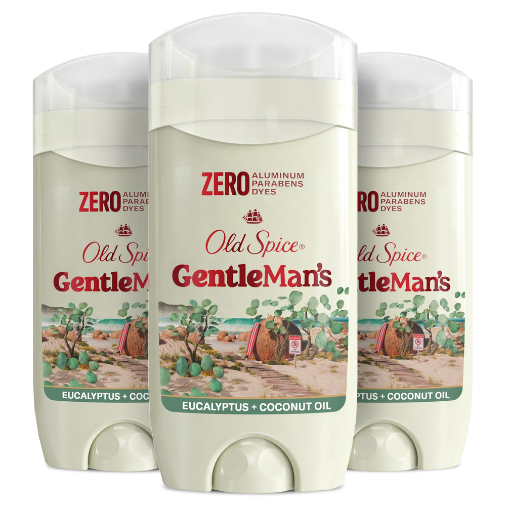 Old Spice GentleMan's stick front view showing eucalyptus coconut scent and dry feel benefit