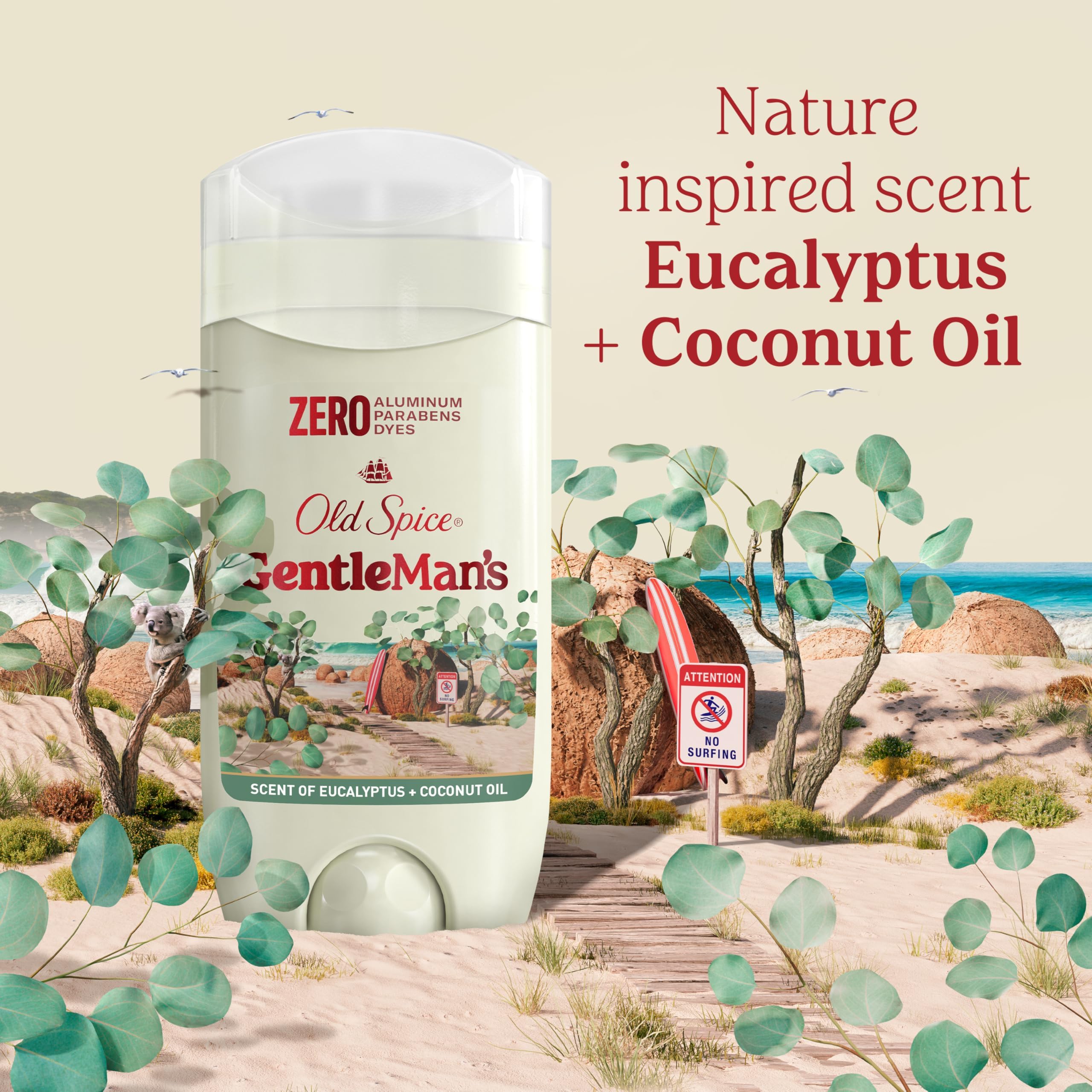 Old Spice GentleMan's ingredient visual showing eucalyptus and coconut notes and balanced scent benefit