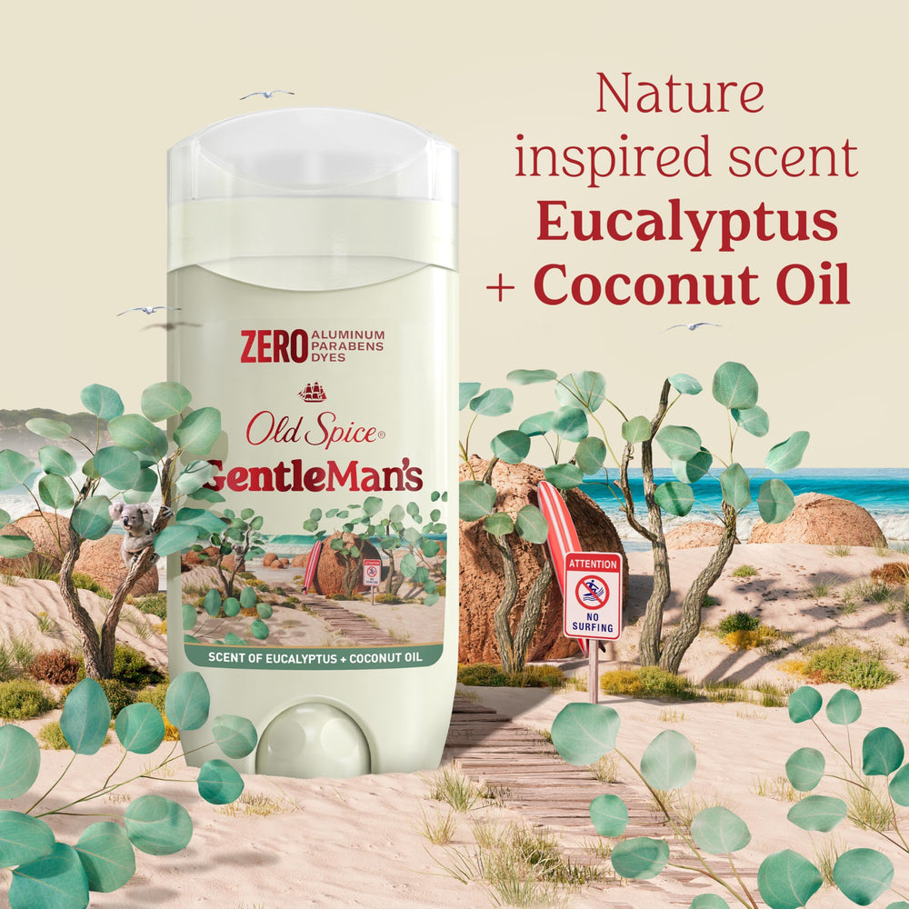 Old Spice GentleMan's ingredient visual showing eucalyptus and coconut notes and balanced scent benefit