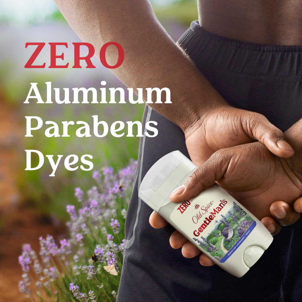 Old Spice GentleMan's label close-up highlighting aluminum-free and conditioner claims