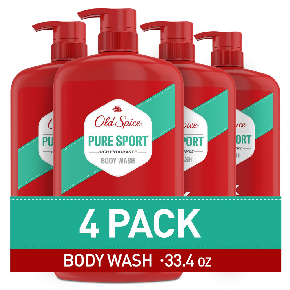 Old Spice bottle front packaging showing Pure Sport scent and benefit of lasting freshness