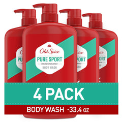 Old Spice bottle front packaging showing Pure Sport scent and benefit of lasting freshness