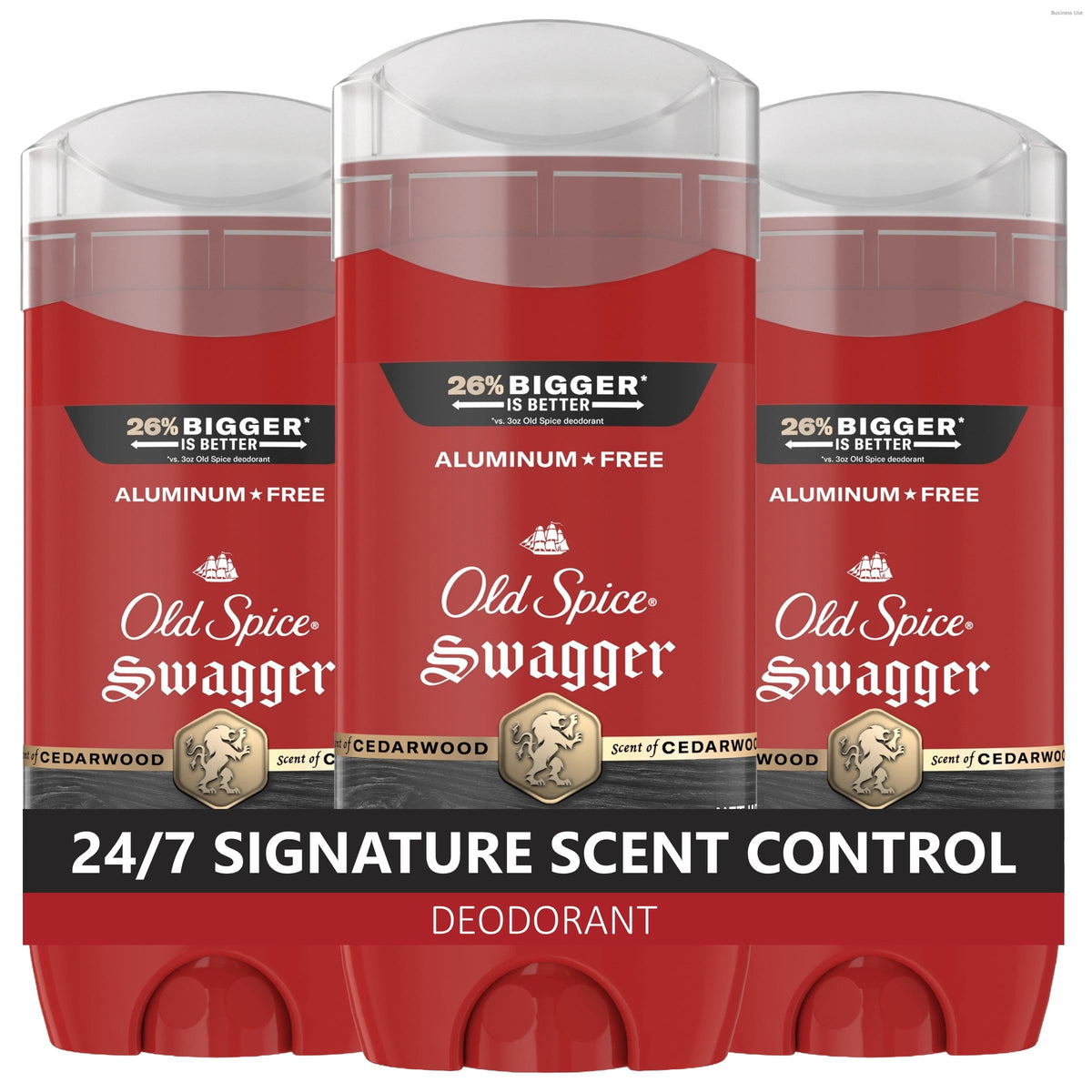 Old Spice Swagger front packaging showing three sticks and brand identity, builds grooming confidence