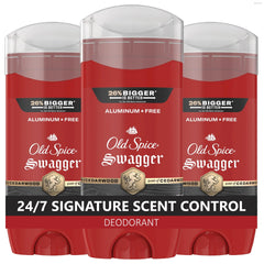 Old Spice Swagger front packaging showing three sticks and brand identity, builds grooming confidence