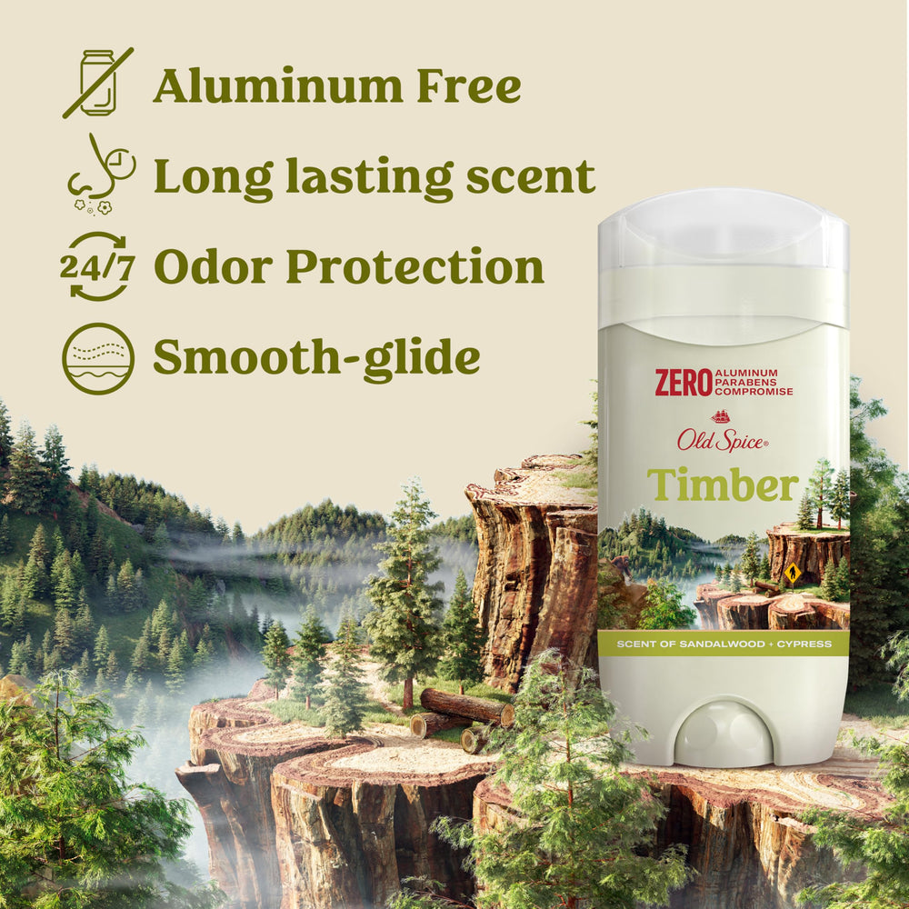 Old Spice Timber side label close-up highlighting ingredients and long-lasting scent benefit