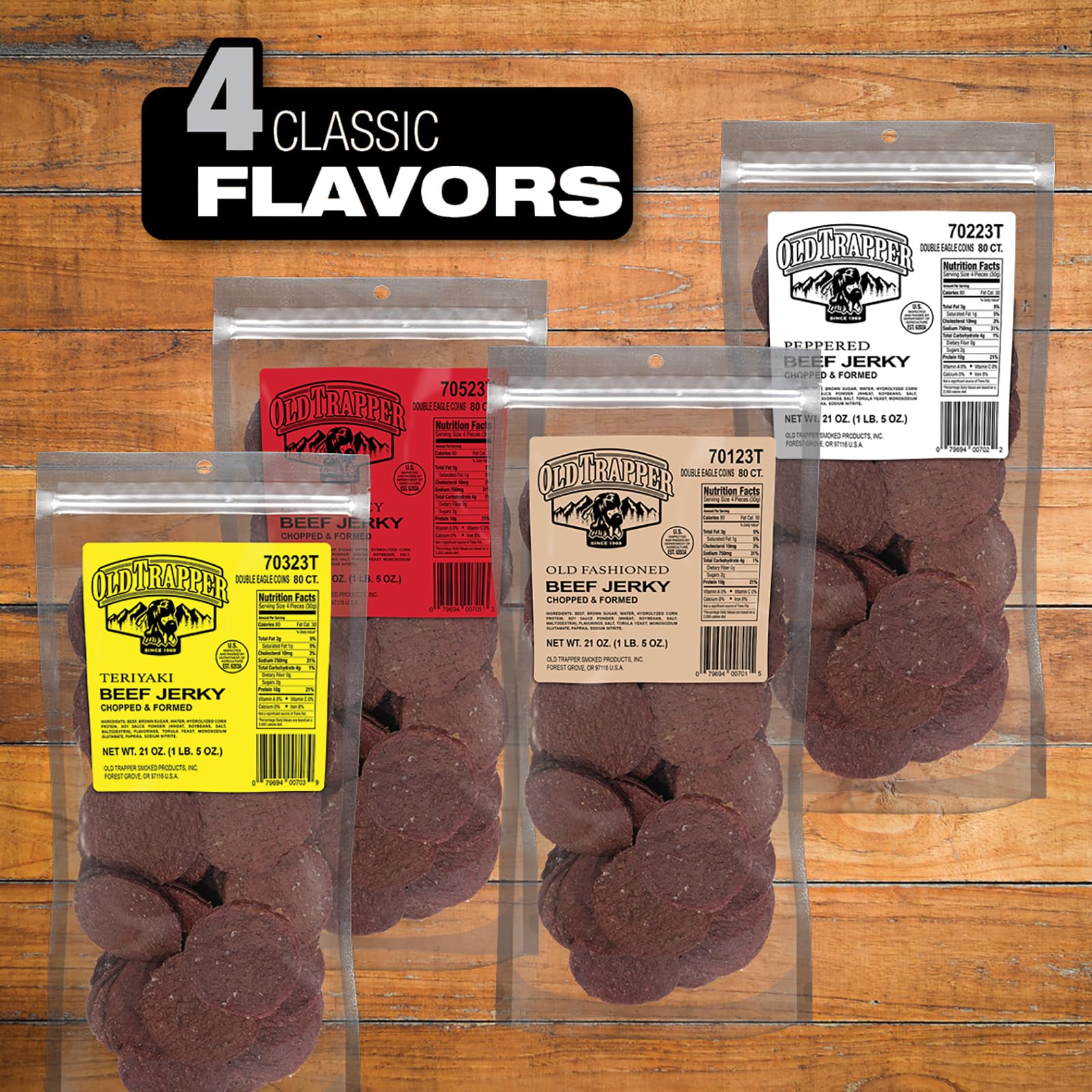 Old Trapper jerky inside a backpack on a trail, emphasizes portable protein