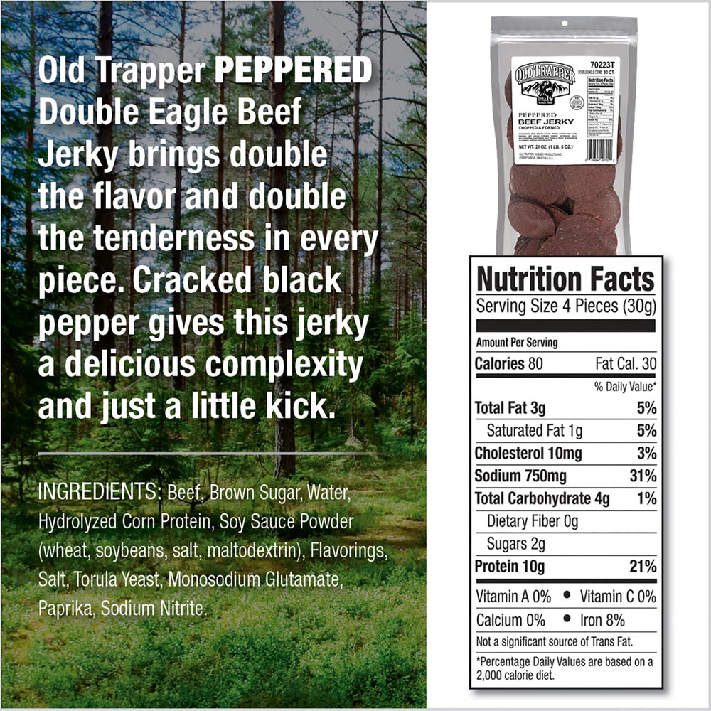 Old Trapper close-up of peppered jerky texture, showcases smoky seasoned bite
