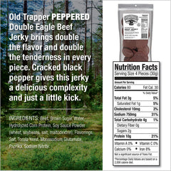 Old Trapper close-up of peppered jerky texture, showcases smoky seasoned bite