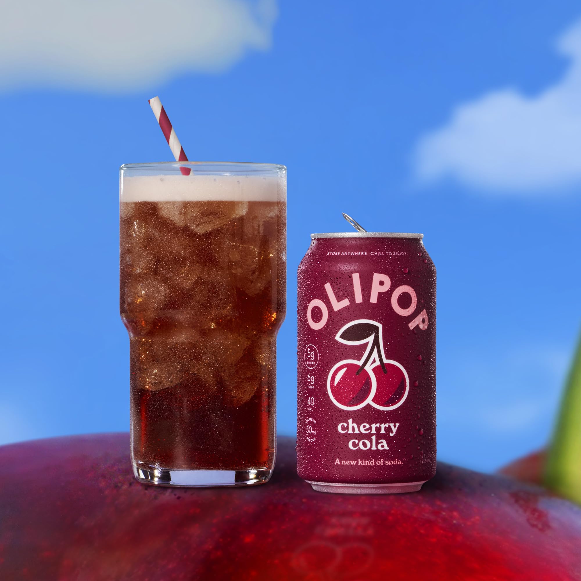 OLIPOP Cherry Cola 12-pack stocked in fridge for convenient chilled access