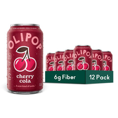 OLIPOP Cherry Cola front pack showing 12 cans and label benefits