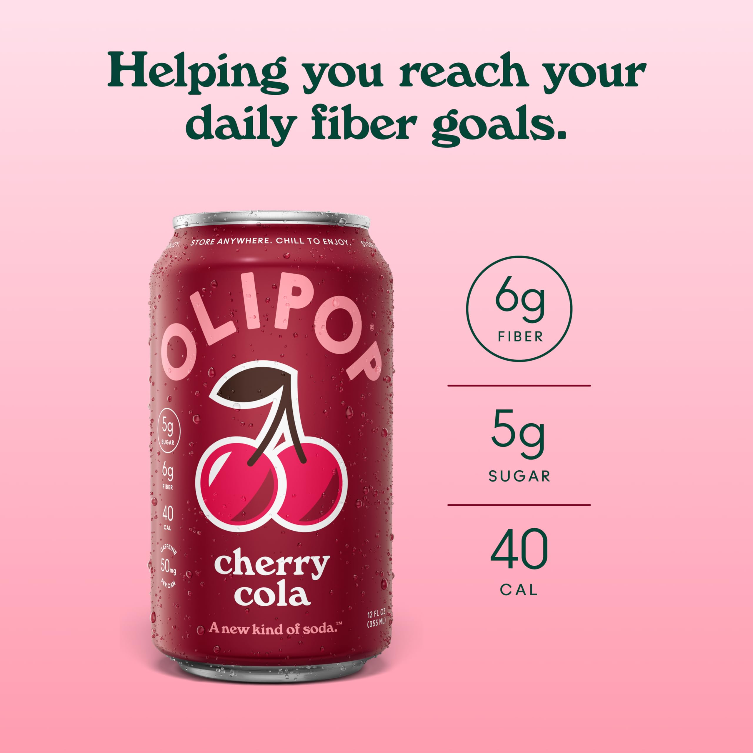 OLIPOP Cherry Cola pouring into glass with ice, showcasing refreshing foam