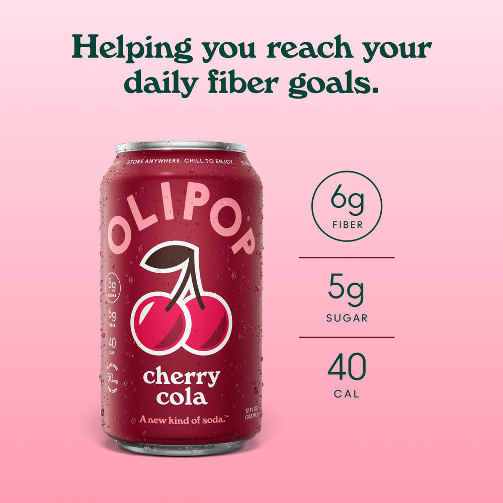 OLIPOP Cherry Cola pouring into glass with ice, showcasing refreshing foam