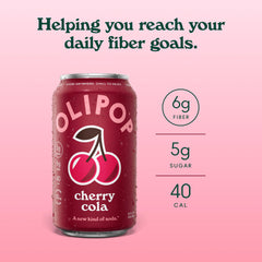 OLIPOP Cherry Cola pouring into glass with ice, showcasing refreshing foam