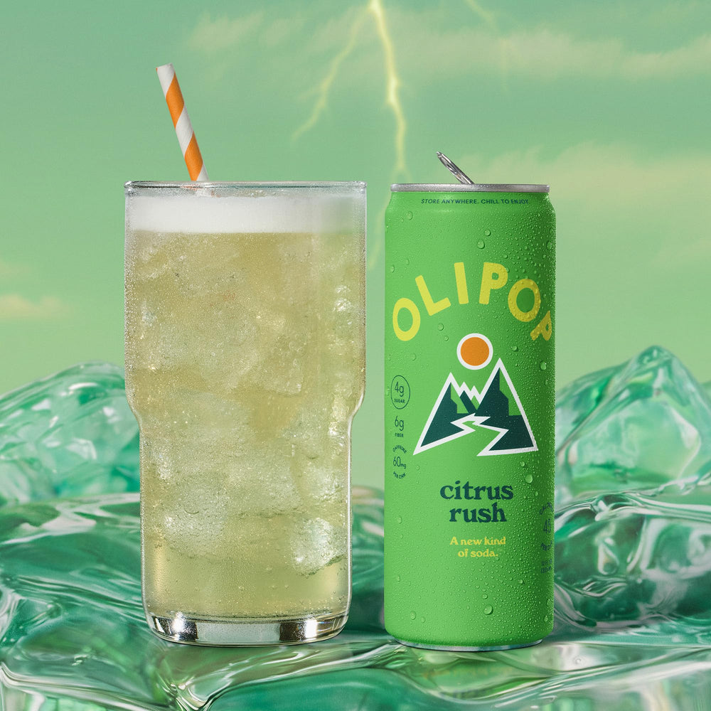 OLIPOP stacked 12-pack display showing Citrus Rush convenience for stocking fridge