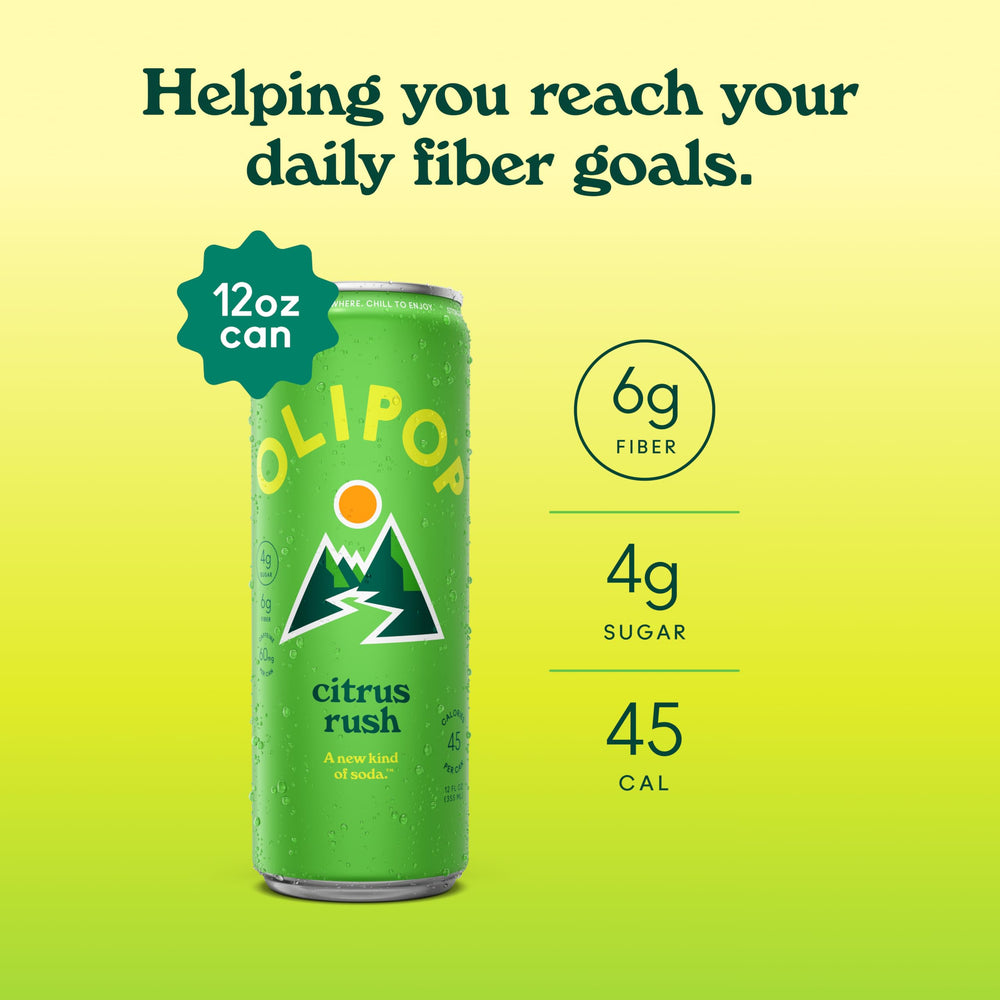 OLIPOP label close-up highlighting Citrus Rush ingredients and clean formula benefits