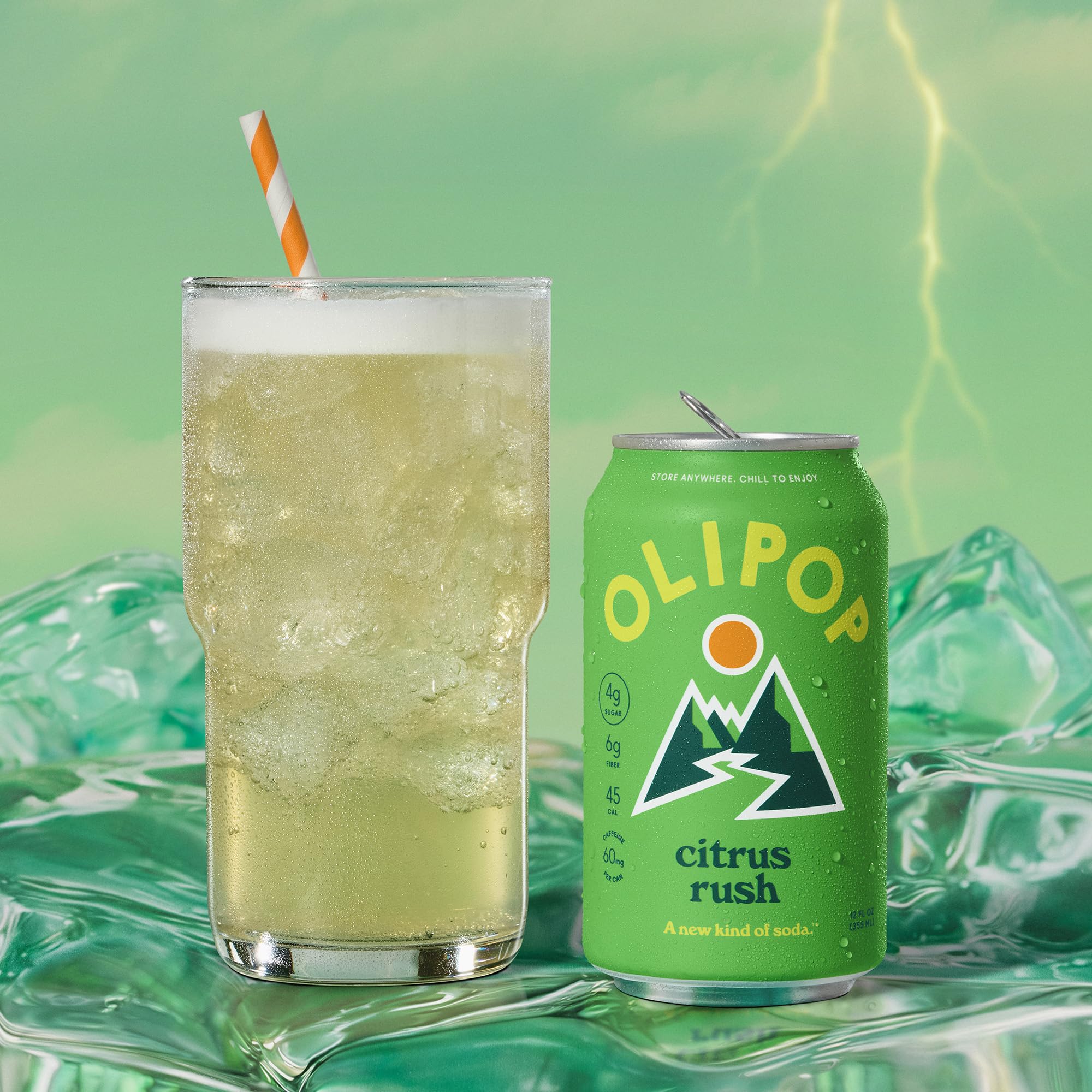 OLIPOP can next to a meal illustrating citrus pairing and taste balance